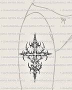 Alternative cross tattoo stencil displayed on a feminine hip placement, with dark cyber tribal details and pointed side flares.