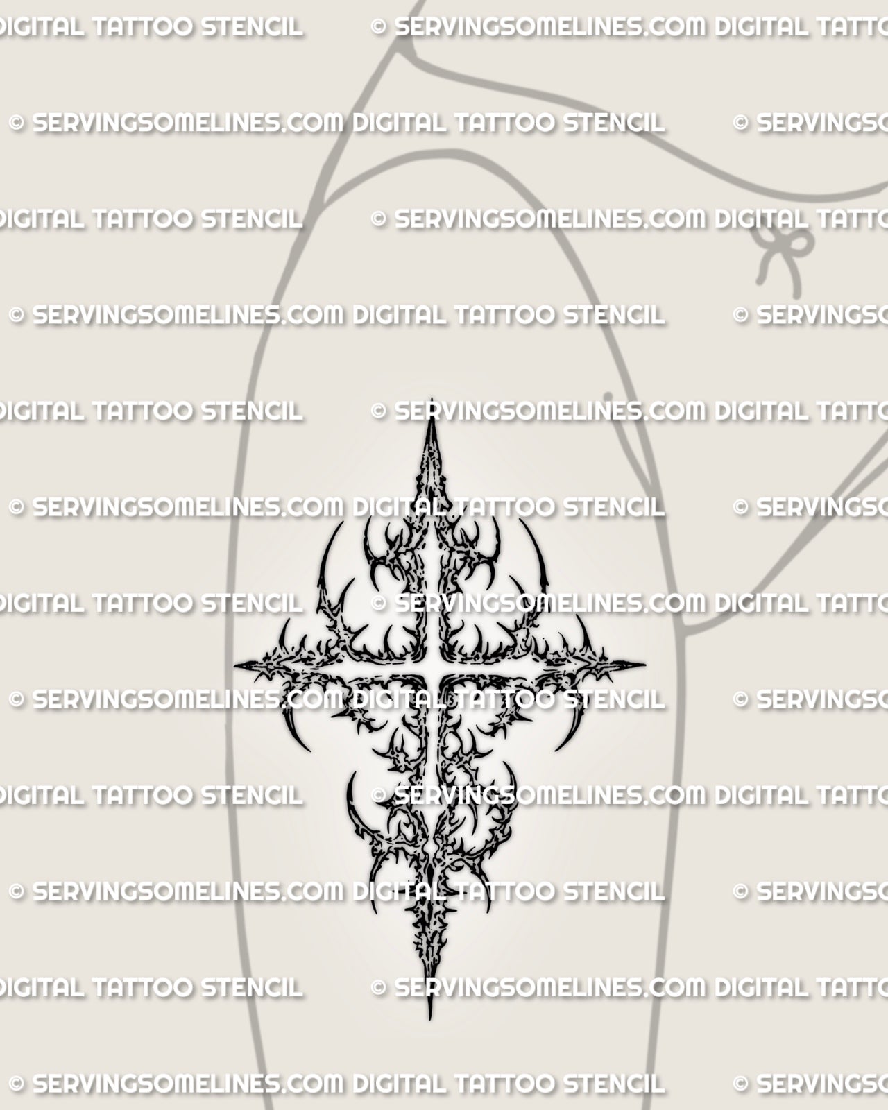 Alternative cross tattoo stencil displayed on a feminine hip placement, with dark cyber tribal details and pointed side flares.
