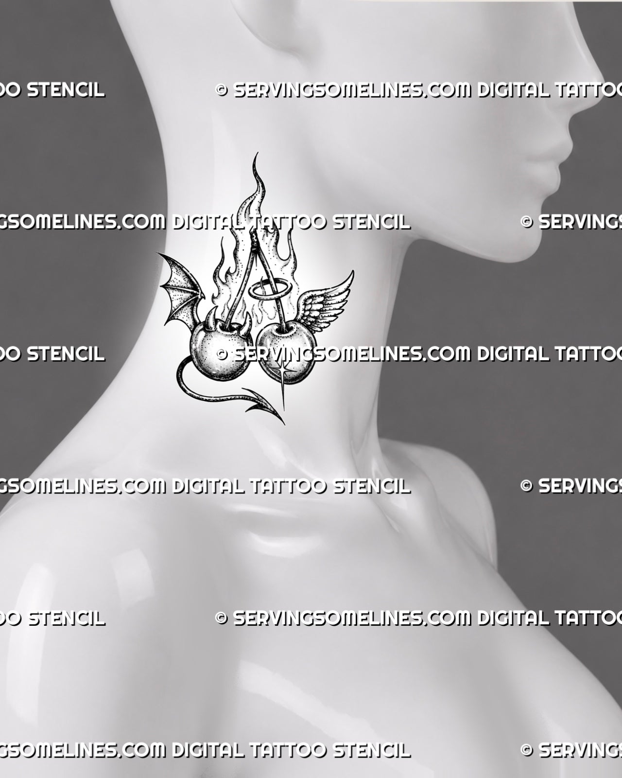 Angel and devil cherry tattoo shown on the side of the neck with contrasting wings, halo, horns, curved tail, and flame details