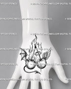 Angel and devil cherry tattoo stencil shown on hand with compact paired cherries, halo, horns, feathered and bat wings, and pointed tail