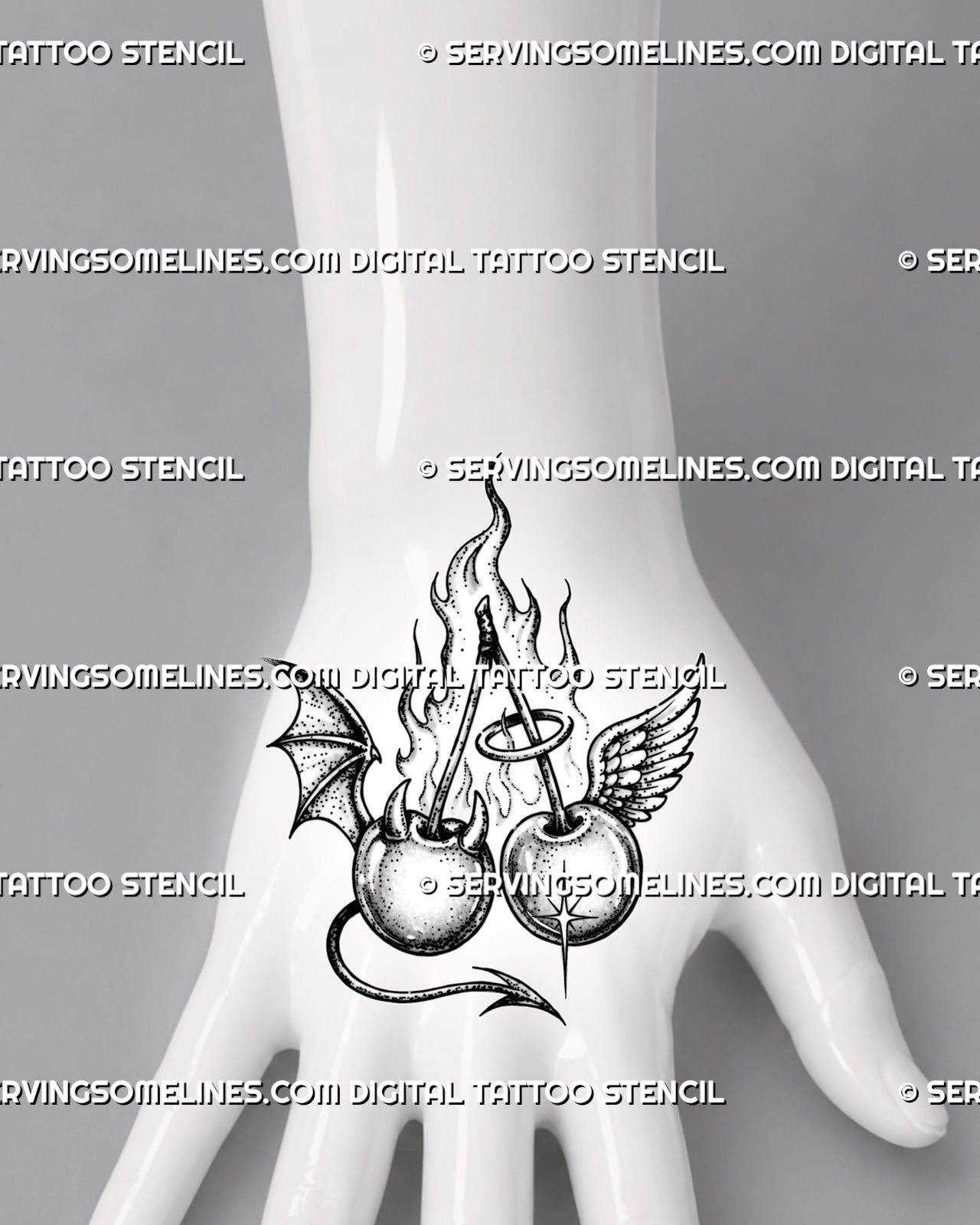 Angel and devil cherry tattoo stencil shown on hand with compact paired cherries, halo, horns, feathered and bat wings, and pointed tail