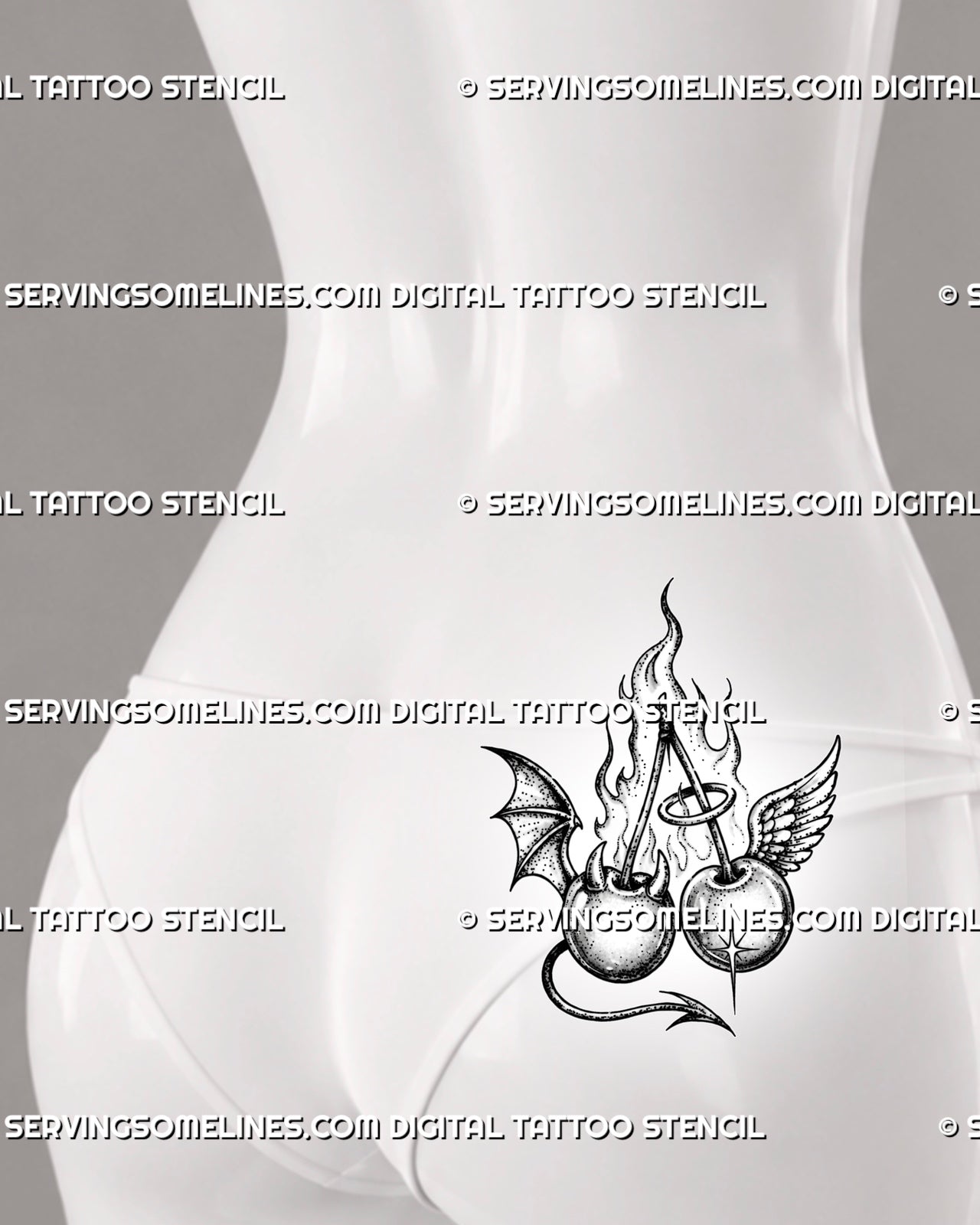 Angel and devil cherry tattoo shown on women’s lower back and upper hip with paired fruit, opposing wings, halo, horns, flames, and curved devil tail