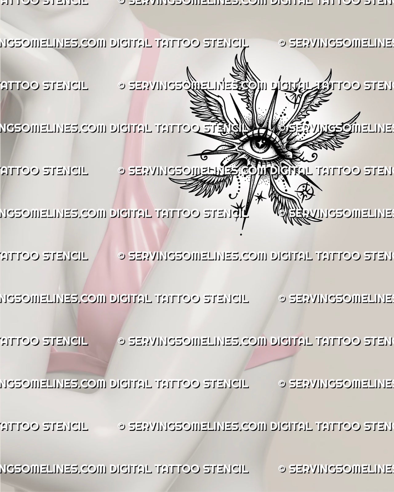 Angel eye tattoo shown on womens shoulder upper arm placement, with winged eye shape, stars, and clean stencil detail.