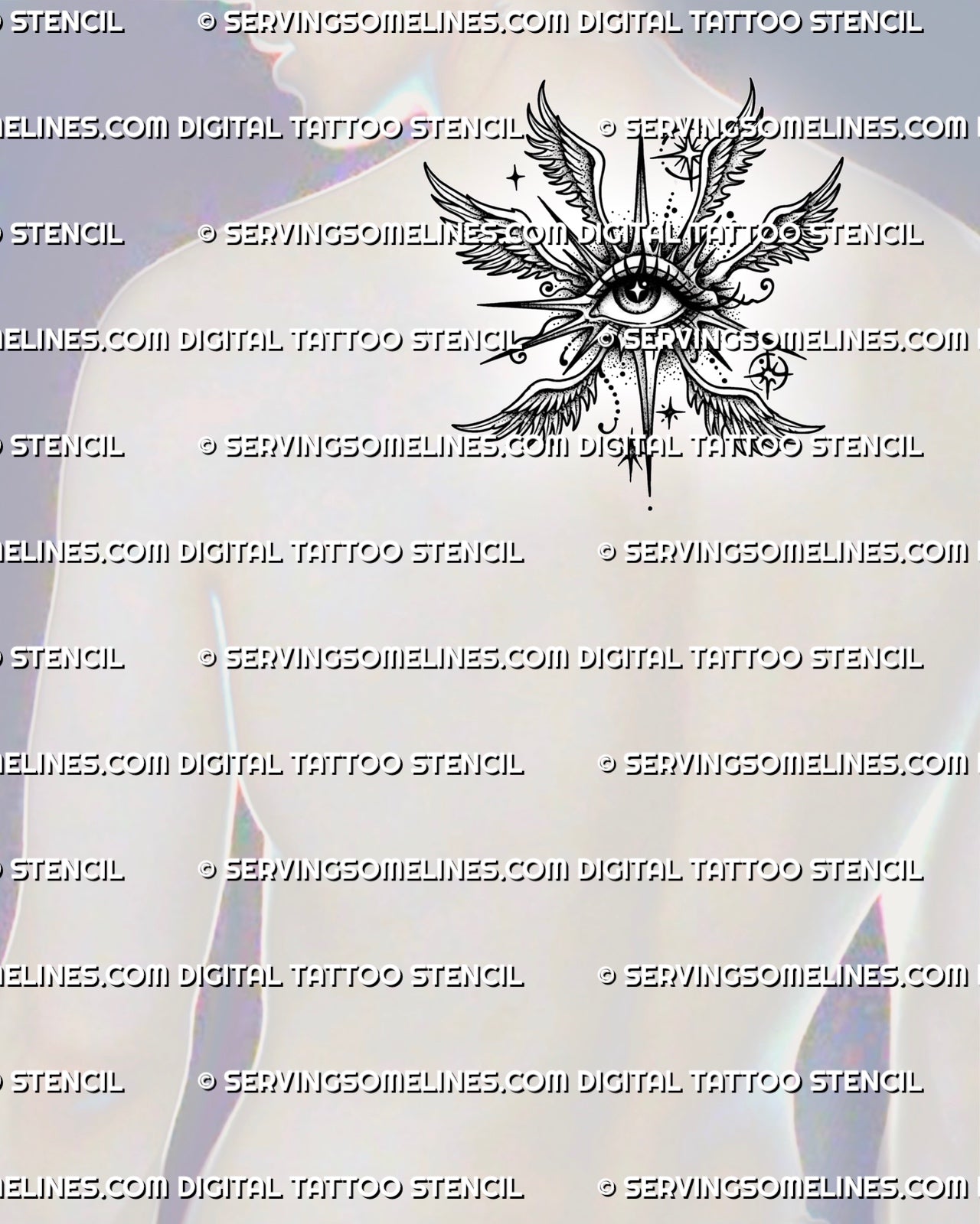 Angel eye with wings tattoo shown on mens upper back behind the neck, with winged eye detail and celestial stars. 