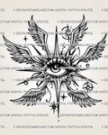 Angel eye with wings tattoo stencil with central eye, feathered wings, star accents, dot shading, and printable design file.