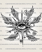 Angel eye with wings tattoo stencil with central eye, feathered wings, star accents, dot shading, and printable design file.