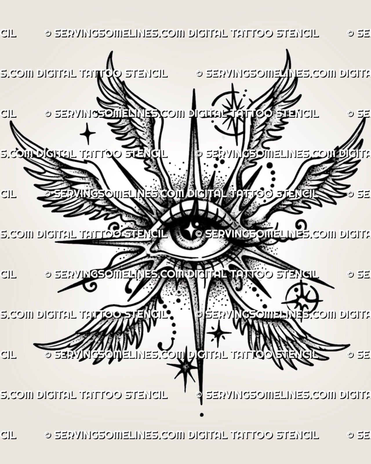 Angel eye with wings tattoo stencil with central eye, feathered wings, star accents, dot shading, and printable design file.