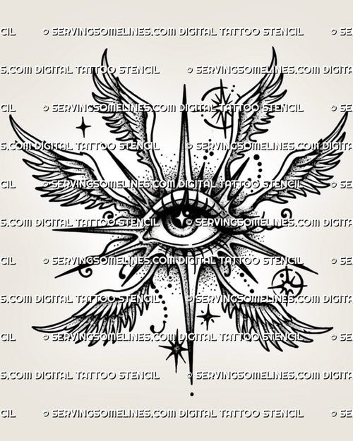 Angel eye with wings tattoo stencil with central eye, feathered wings, star accents, dot shading, and printable design file.