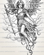 Detailed angel tattoo stencil close-up with feminine face, sacred halo, cloud linework, and winged guardian pose.v