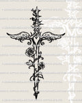 angel wing dagger digital tattoo stencil with rose and heart details, feminine ornamental weapon design shown as clean high resolution artwork