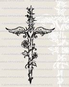 angel wing dagger digital tattoo stencil with rose and heart details, feminine ornamental weapon design shown as clean high resolution artwork