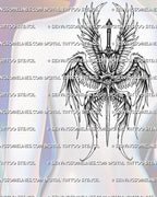 Angel wings back tattoo stencil with seraphim eye detail, vertical sword structure, and readable upper back layout.