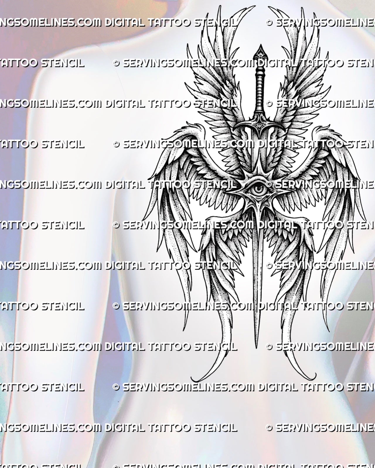 Angel wings back tattoo stencil with seraphim eye detail, vertical sword structure, and readable upper back layout.