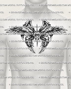 Angel wings chest tattoo shown on mens chest, with seraphim eye center, wide wing spread, and clean chest stencil layout.