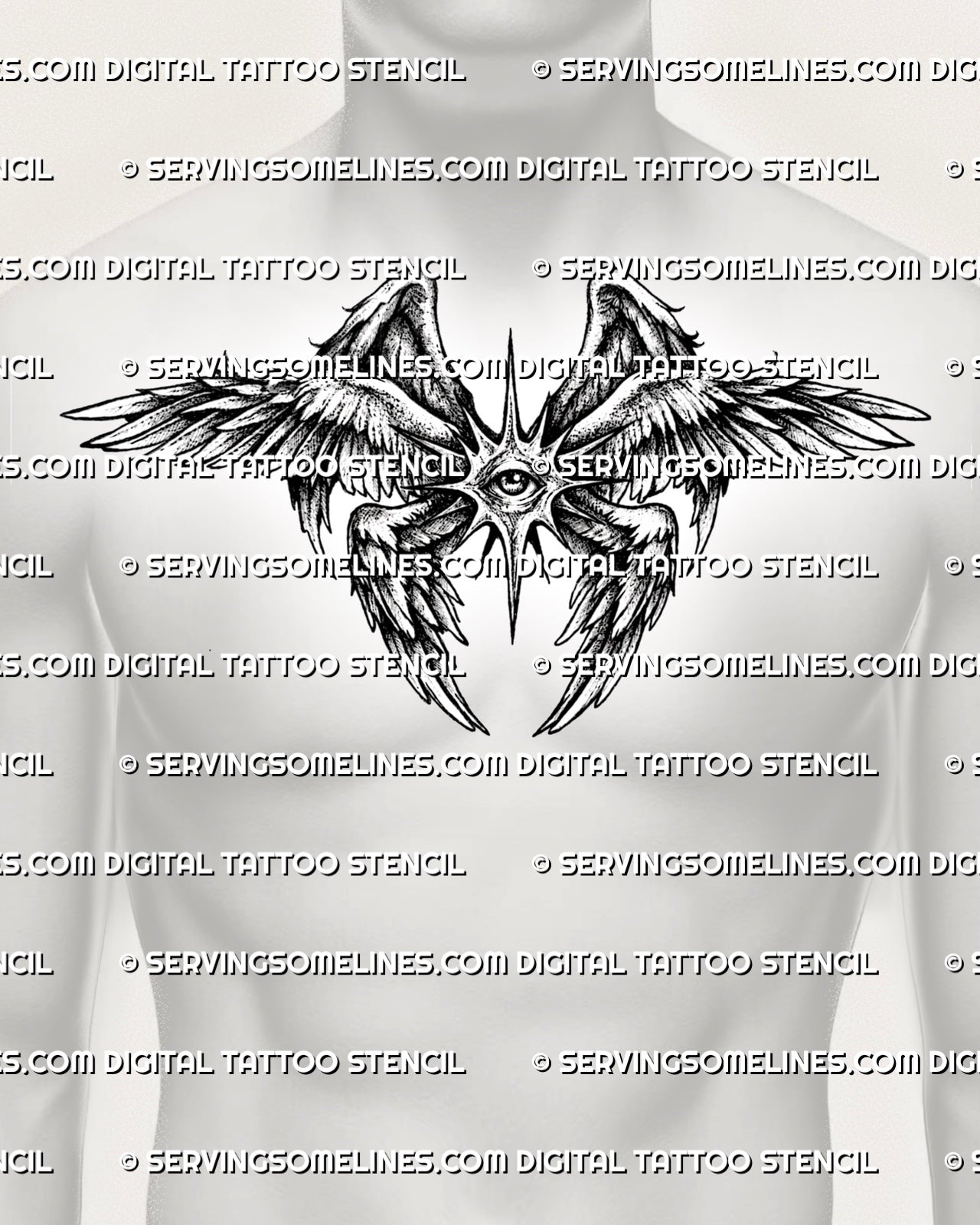 Angel wings chest tattoo shown on mens chest, with seraphim eye center, wide wing spread, and clean chest stencil layout.
