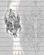 Angel wings with eyes tattoo shown on forearm placement, with vertical sword, layered wings, and readable stencil detail