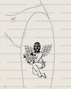 Angel with roses tattoo stencil displayed on feminine thigh placement with masked cherub figure, wings, and dark rose bouquet