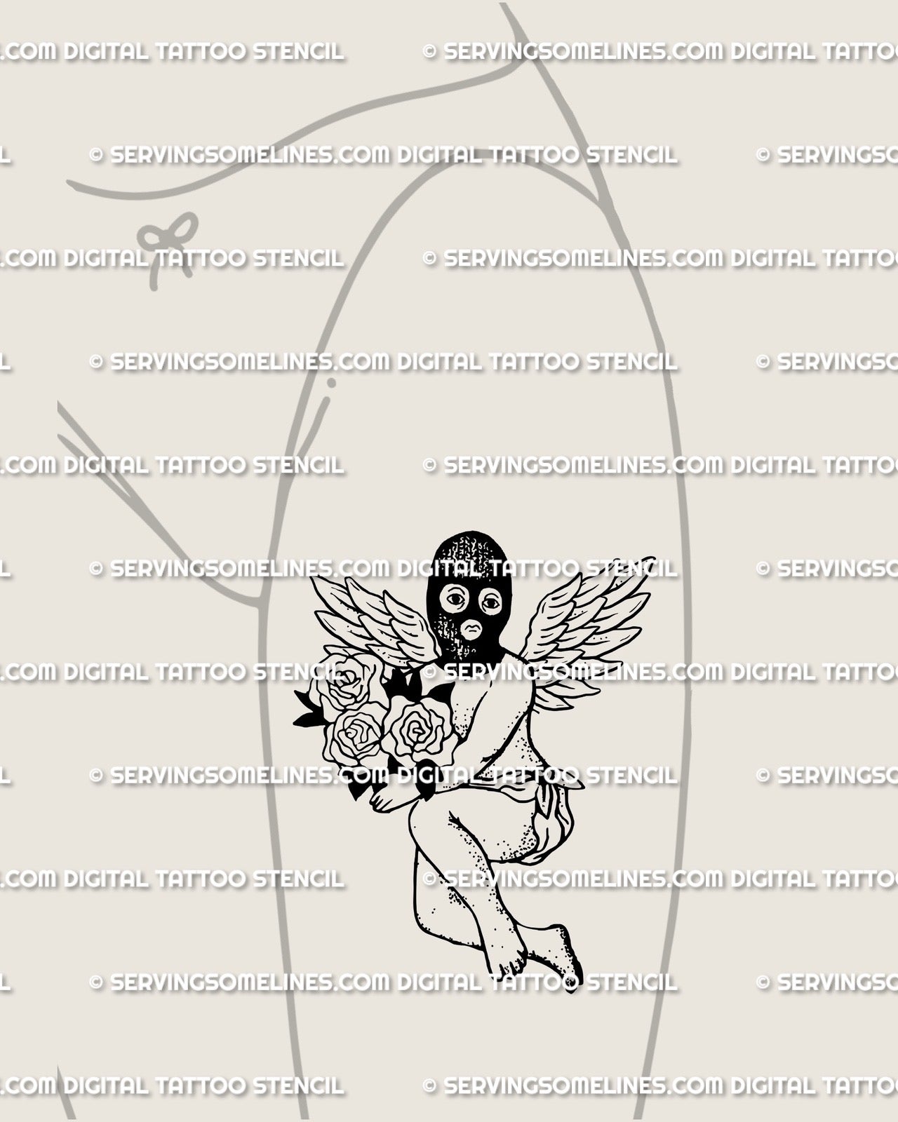 Angel with roses tattoo stencil displayed on feminine thigh placement with masked cherub figure, wings, and dark rose bouquet