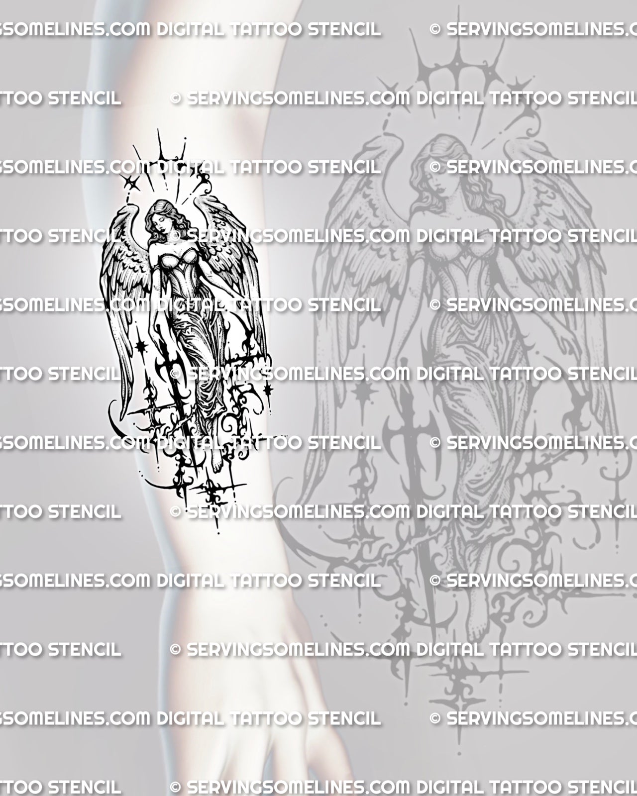 Angel with sword tattoo stencil shown as a forearm half sleeve, with winged gothic figure and lower cyber-sigil detail.