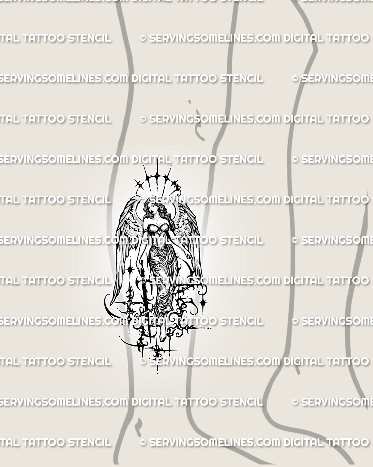 Angel with sword tattoo design shown on lower leg placement, with dark winged figure, sword detail, and gothic linework.

