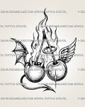 Angel and devil cherry tattoo stencil with horns, halo, bat and feathered wings, pointed tail, connected stems, and rising flames