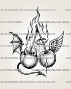 Angel and devil cherry tattoo stencil with horns, halo, bat and feathered wings, pointed tail, connected stems, and rising flames