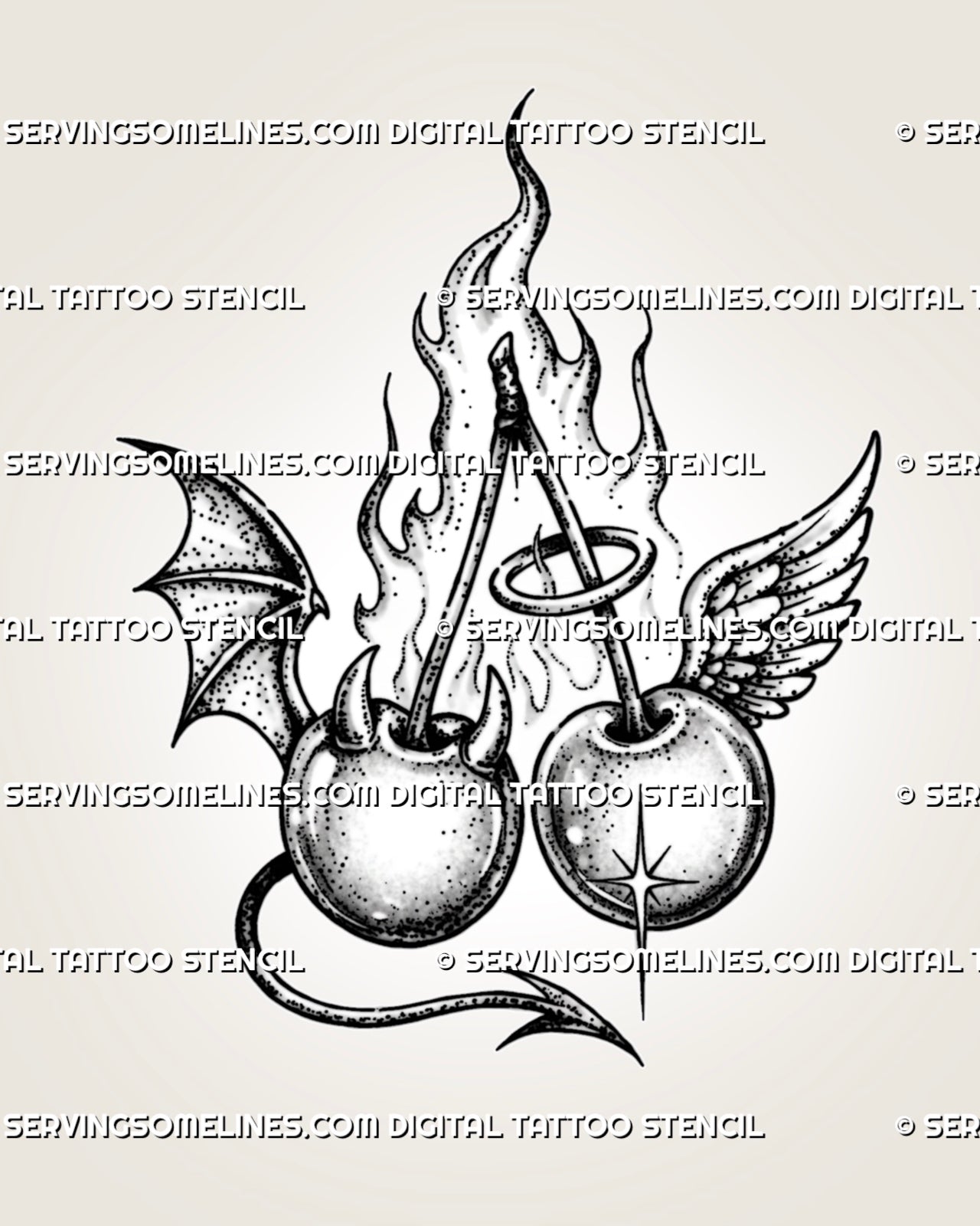Angel and devil cherry tattoo stencil with horns, halo, bat and feathered wings, pointed tail, connected stems, and rising flames