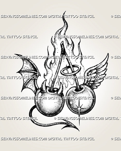 Angel and devil cherry tattoo stencil with horns, halo, bat and feathered wings, pointed tail, connected stems, and rising flames