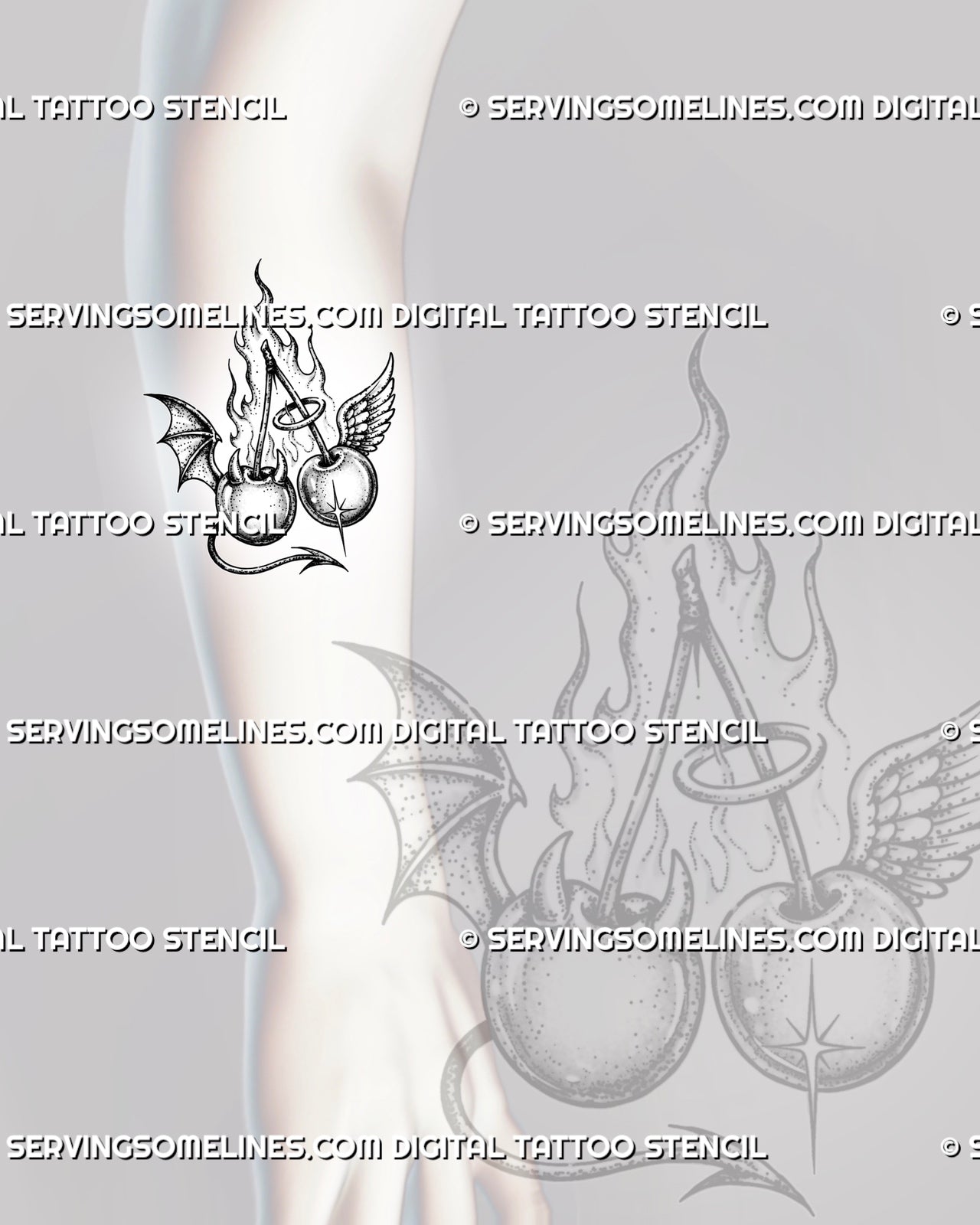 Angel and devil cherry tattoo stencil shown on forearm with paired cherries, long stems, flaming background, halo, horns, wings, and pointed tail