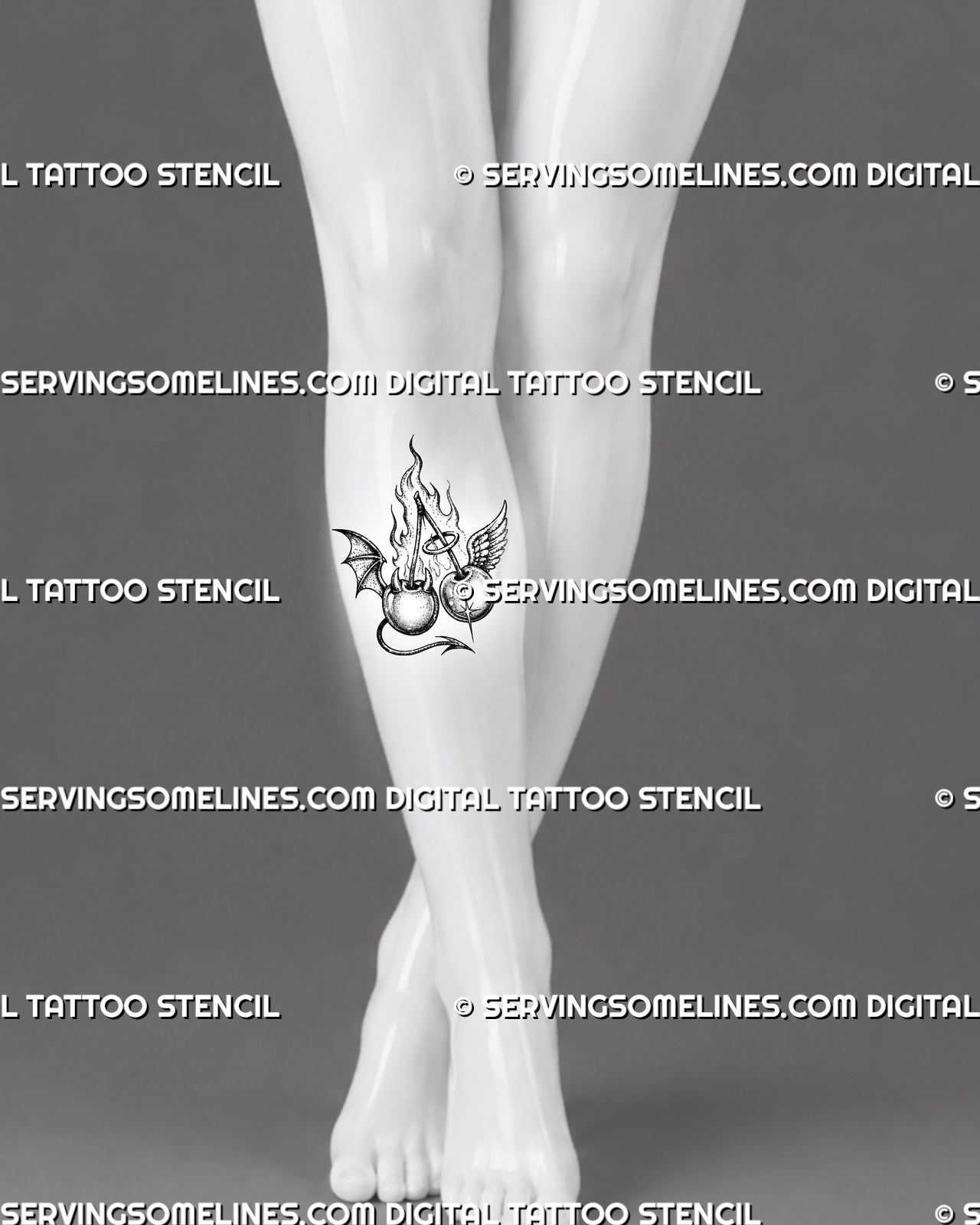 Angel and devil cherry tattoo stencil shown on the upper shin below the knee with joined stems, tall flames, opposing wings, halo, horns, and devil tail