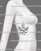 Angel and devil cherry tattoo shown on women’s ribs with vertical flames, connected stems, opposing wings, halo, horns, and good-versus-evil symbolism