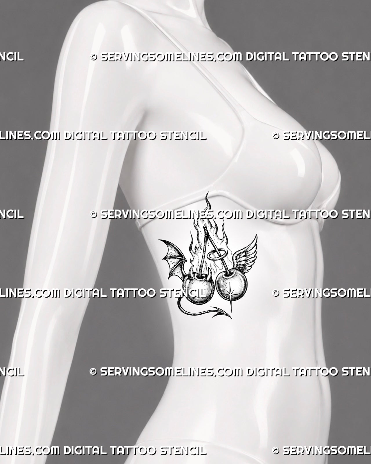 Angel and devil cherry tattoo shown on women’s ribs with vertical flames, connected stems, opposing wings, halo, horns, and good-versus-evil symbolism