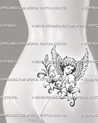 Angel and lily tattoo shown on a woman’s lower back and hip with a curly-haired cherub, feathered wings, open flowers, and trailing stems