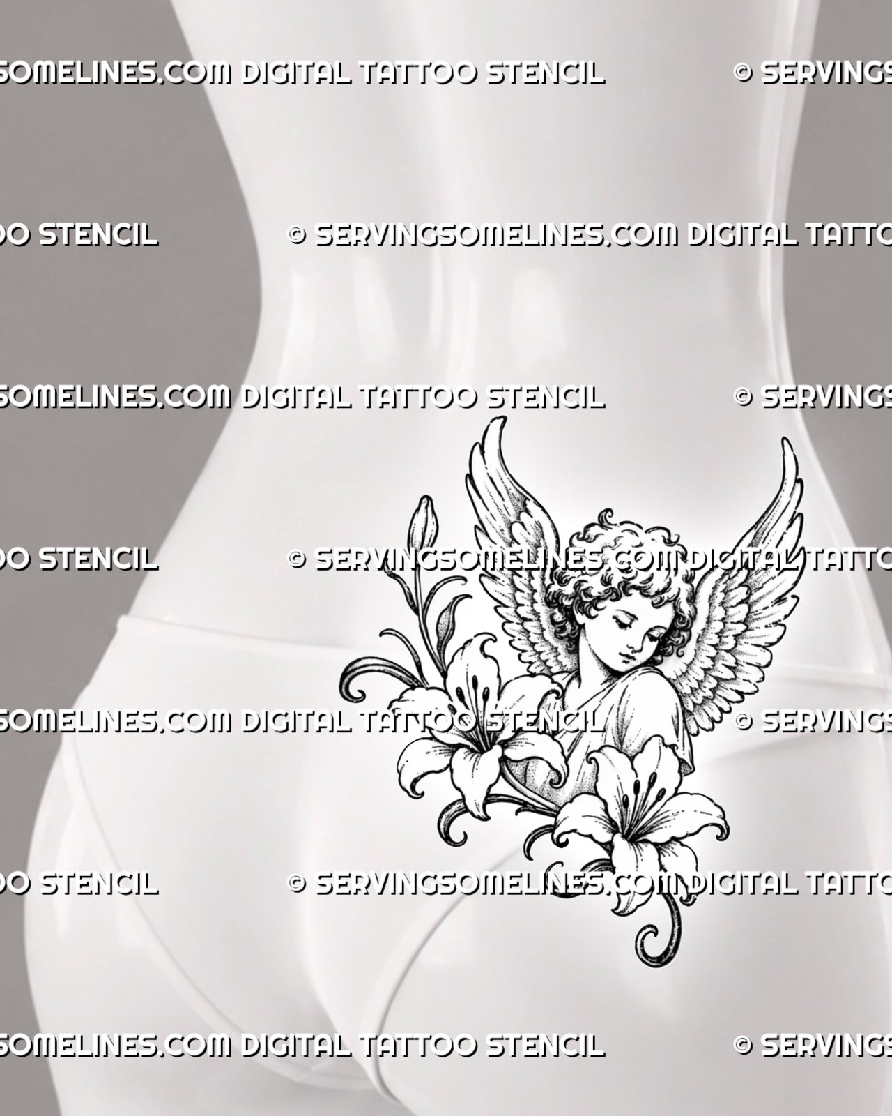 Angel and lily tattoo shown on a woman’s lower back and hip with a curly-haired cherub, feathered wings, open flowers, and trailing stems