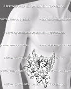 Angel with lilies tattoo shown on a man’s ribs with a curly-haired cherub, raised feathered wings, open blooms, and flowing botanical stems