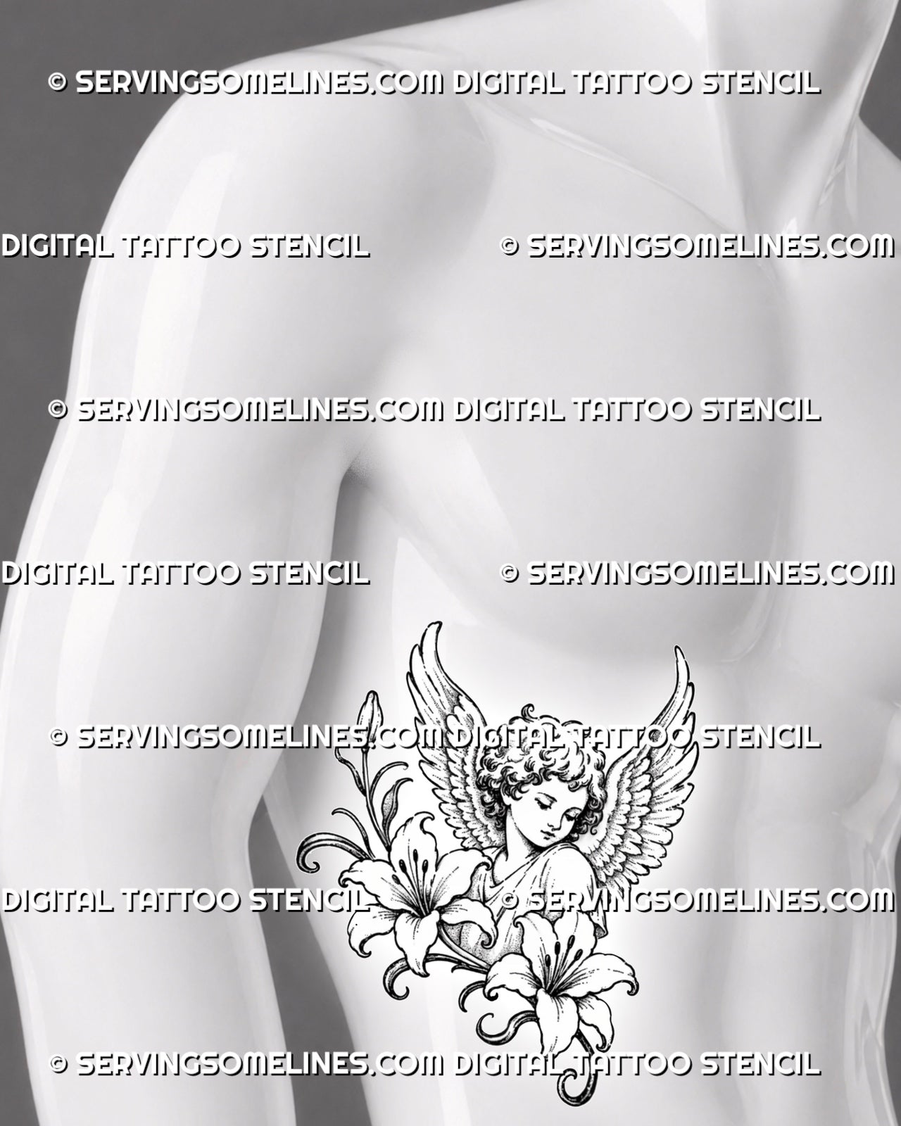 Angel with lilies tattoo shown on a man’s ribs with a curly-haired cherub, raised feathered wings, open blooms, and flowing botanical stems