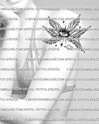 Angelcore eye tattoo shown on womens arm placement, with winged eye shape, soft stars, and light celestial detail.