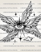Angelcore winged eye tattoo stencil with soft feathered wings, star accents, small cloud detail, and printable design file.