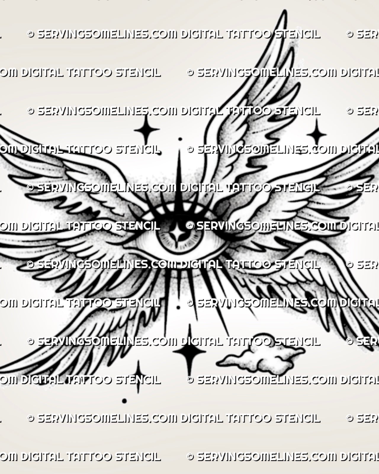 Angelcore winged eye tattoo stencil with soft feathered wings, star accents, small cloud detail, and printable design file.