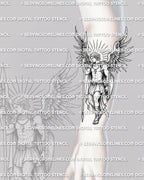 Archangel Michael tattoo stencil shown on forearm placement, with long spear, shield, halo rays, wings, and armor detail.