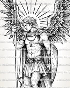 Archangel Michael tattoo stencil showing a religious warrior angel with spear, shield, armor detail, and large wings.