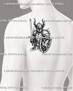 Armored knight tattoo stencil shown on men’s shoulder blade with medieval sword, broad dragon shield, pointed helmet, spiked shoulder plates, and gothic warrior linework