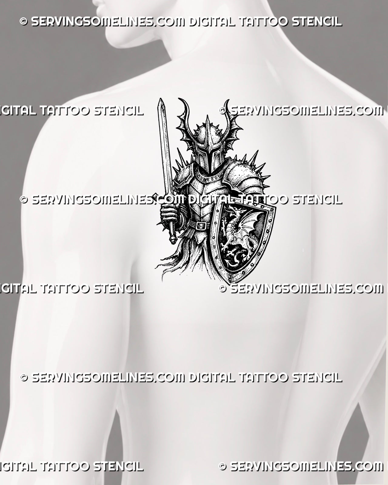 Armored knight tattoo stencil shown on men’s shoulder blade with medieval sword, broad dragon shield, pointed helmet, spiked shoulder plates, and gothic warrior linework