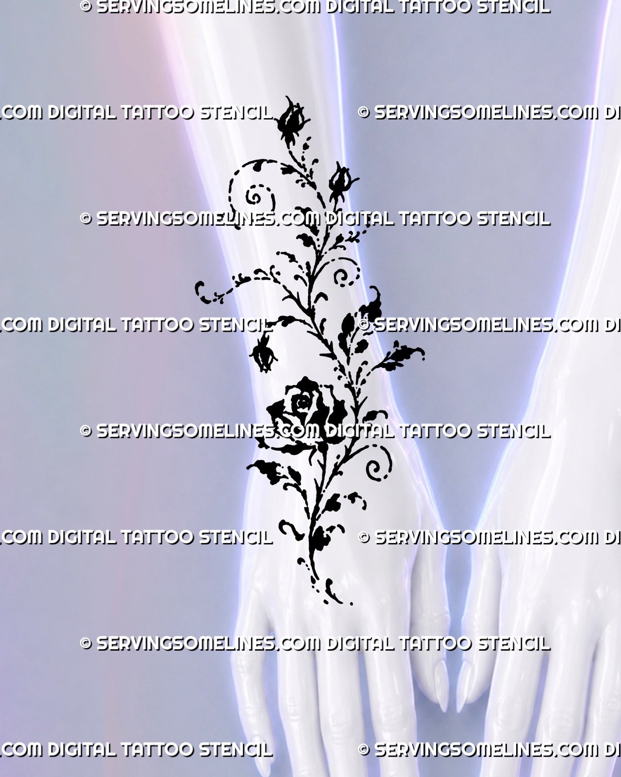 Artistic rose vine tattoo shown across the hand and wrist with curved botanical stems, rosebuds, open rose petals, and expressive black ink linework