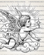 Baby angel tattoo stencil with feathered wings, soft clouds, star detail, and classic cherub shading for tattoo design