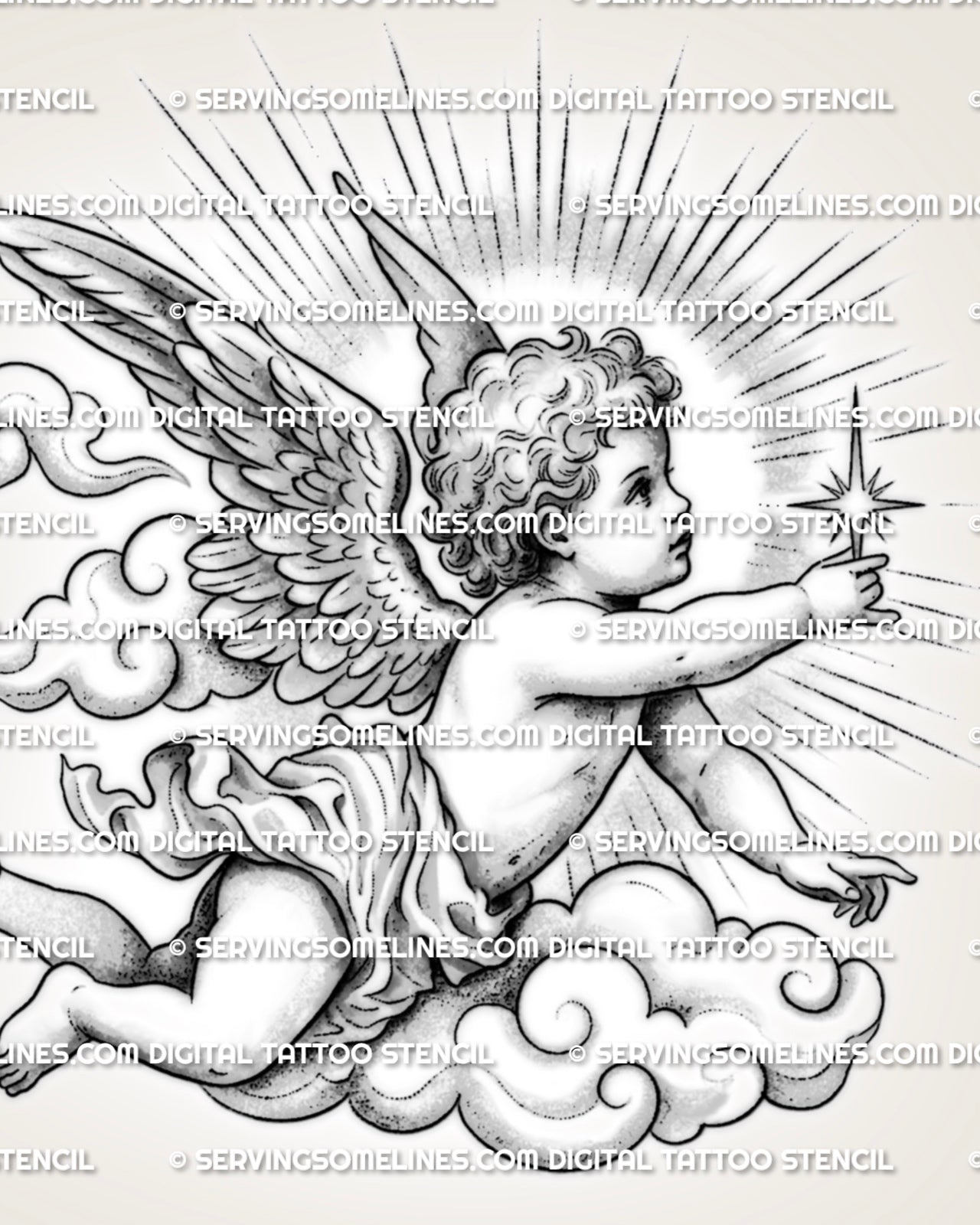 Baby angel tattoo stencil with feathered wings, soft clouds, star detail, and classic cherub shading for tattoo design