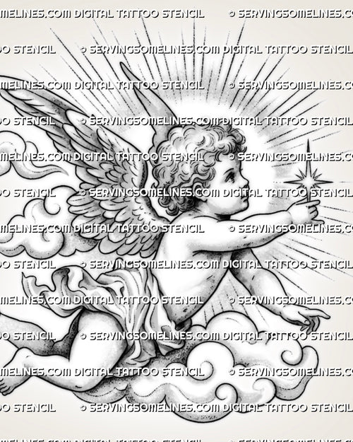 Baby angel tattoo stencil with feathered wings, soft clouds, star detail, and classic cherub shading for tattoo design