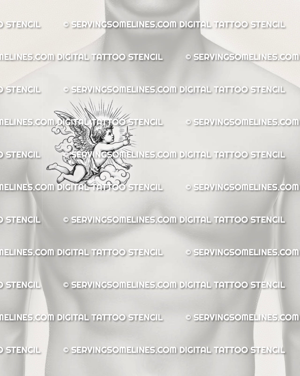 Baby angel stencil shown on mens side chest pec placement, cherub with wings and star, soft rays, printable template.