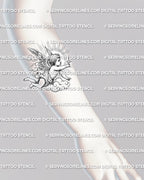 Baby angel tattoo stencil shown on forearm placement, cherub reaching star with clouds and rays, printable stencil download.
