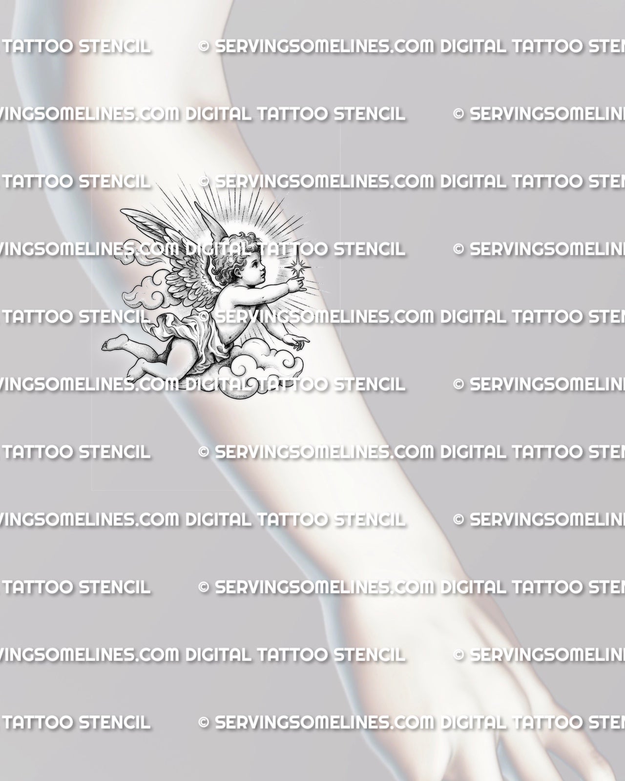 Baby angel tattoo stencil shown on forearm placement, cherub reaching star with clouds and rays, printable stencil download.